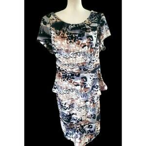 Dana Kay Satin Brown Black Animal Print Cap Sleeve Pleated Top Skirt Set Sz 16